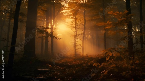 the sun is shining through the trees in the forest above