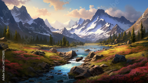 Mountain landscape in fall with a river in between