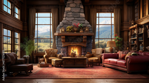 a spacious room with wooden walls and floors and a large stone fireplace in the corner Two tall windows with white curtains let in sunlight A maroon armchair sits in the middle of the room