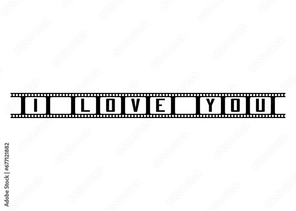 Logo del día de San Valentín. Silueta de tira de película con texto i love you para su uso en felicitaciones y tarjetas