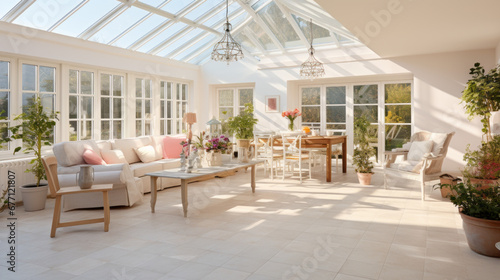a spacious sunroom with light beige walls and a tiled floor and a large skylight overhead