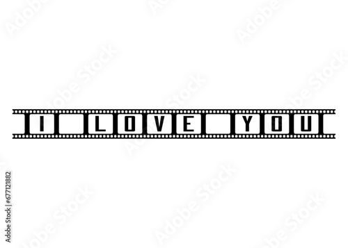Logo del día de San Valentín. Silueta de tira de película con texto i love you para su uso en felicitaciones y tarjetas