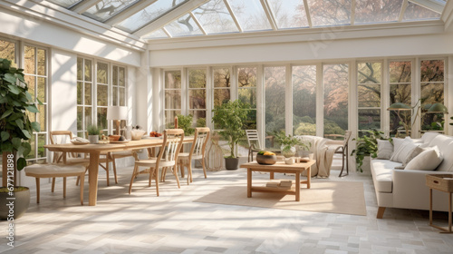 a spacious sunroom with light beige walls and a tiled floor and a large skylight overhead