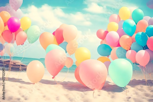 Colorful balloons in summer holidays. Pastel color filter