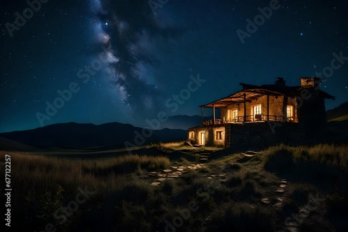 Night landscape, village house under the stars at night. Photo taken in Kzakhstan.