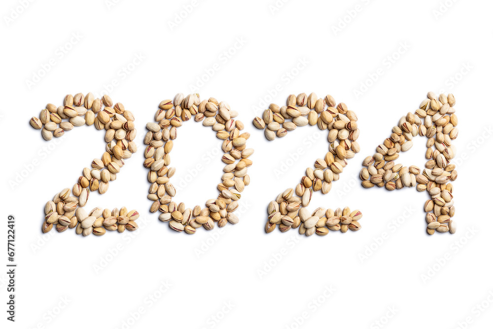 Calendar header number 2024 made of pistachio nuts on a white background. Happy New Year 2024 colorful background. Calendar header number 2024 made of pistachio nuts on a white background. Happy New Year 2024 colorful background.
