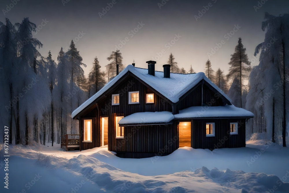 Wooden house in Sweden during winter by night