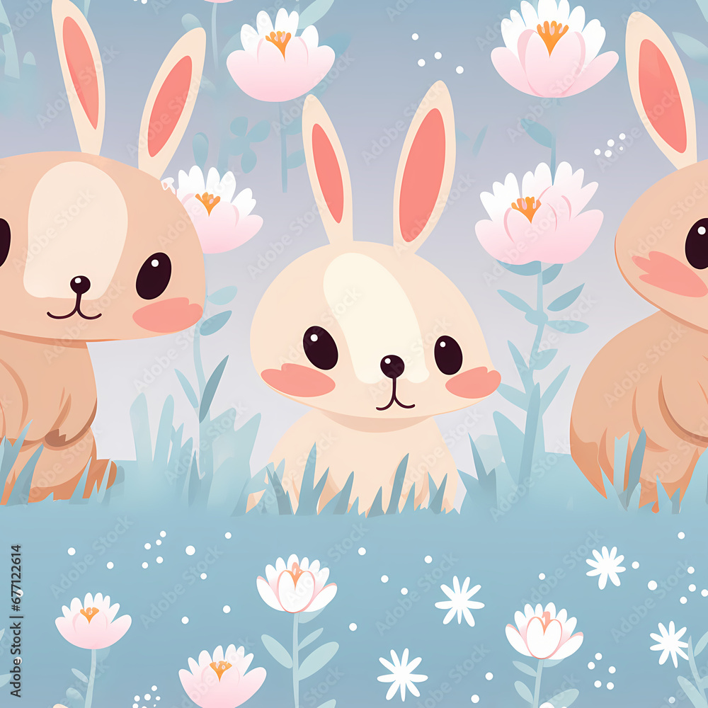 Seamless pattern of Enchanted Garden Bunnies and Whimsical Floral Pattern