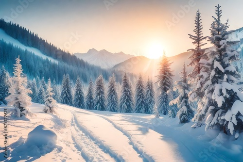 Beautiful winter landscape in mountains. View of snow-covered conifer trees and snowflakes at sunrise. Merry Christmas and happy New Year Background. Retro style. Instagram toning.