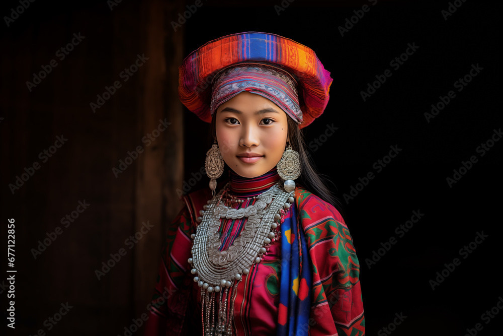 Smiling Tribal Young Woman in Traditional Ethnic Attire Smiling Tribal Young Woman in Traditional Ethnic Attire