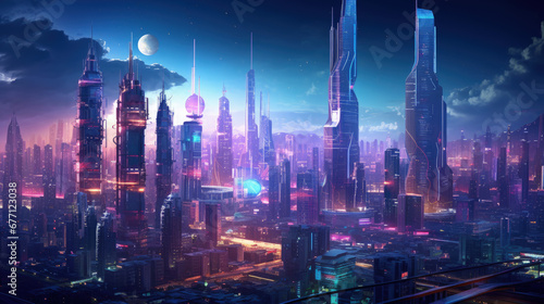 Illustration of a city of the future with bright neon colors