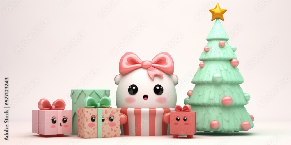 cute christmas cartoon 3D style on clean background with christmas trees comeliness