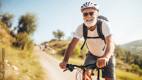 An old man with a healthy smile riding a bicycle outdoors to maintain his health