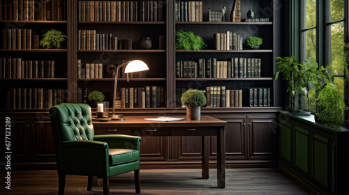 a study with a dark wood desk and shelves filled with books and a green armchair