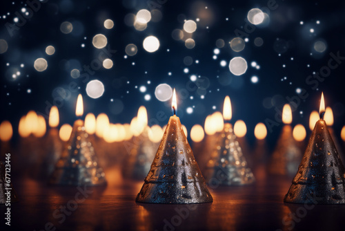 Many little cone-shaped candles burning at night. Festive gold holiday decor. AI-generated