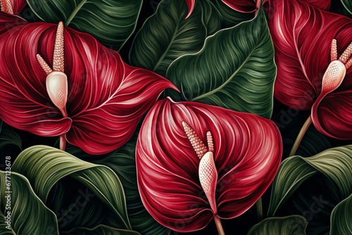 Seamless pattern with red anthurium flowers. Vector illustration