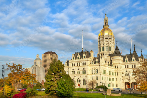 State capitol building houses State Senate and the House of Representatives, in Victorian Gothic style, downtown Hartford, Connecticut photo