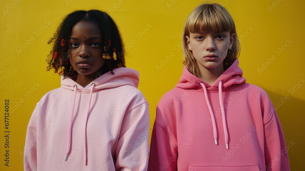 Portrait de deux jeunes filles, habillées en tenues cool et colorées, sur un fond jaune Portrait de deux jeunes filles, habillées en tenues cool et colorées, sur un fond jaune