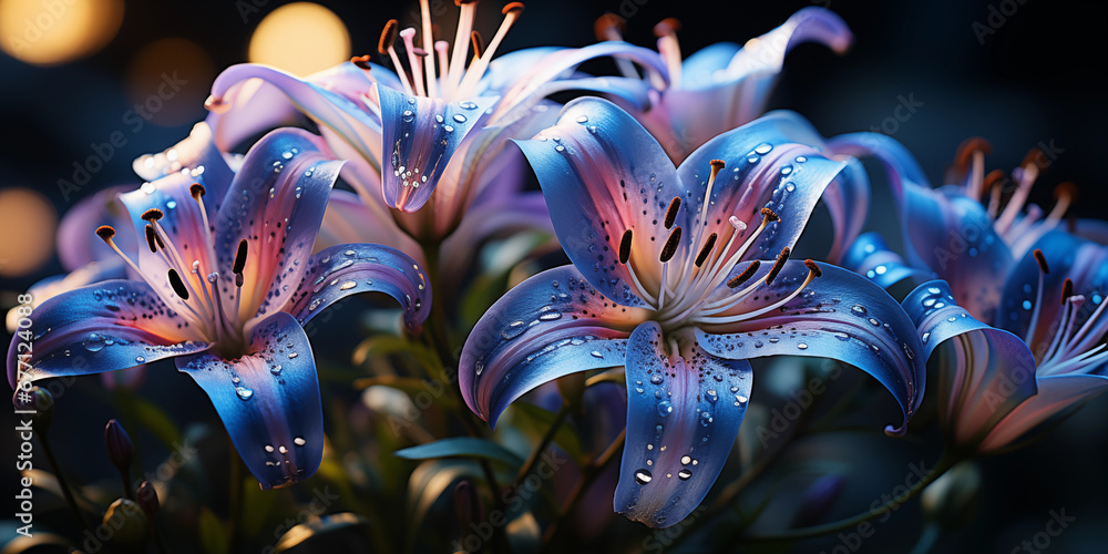 Lila Blumen mit großen Blätter in prachtvoller Blüte im Querformat für Banner, ai generativ Lila Blumen mit großen Blätter in prachtvoller Blüte im Querformat für Banner, ai generativ