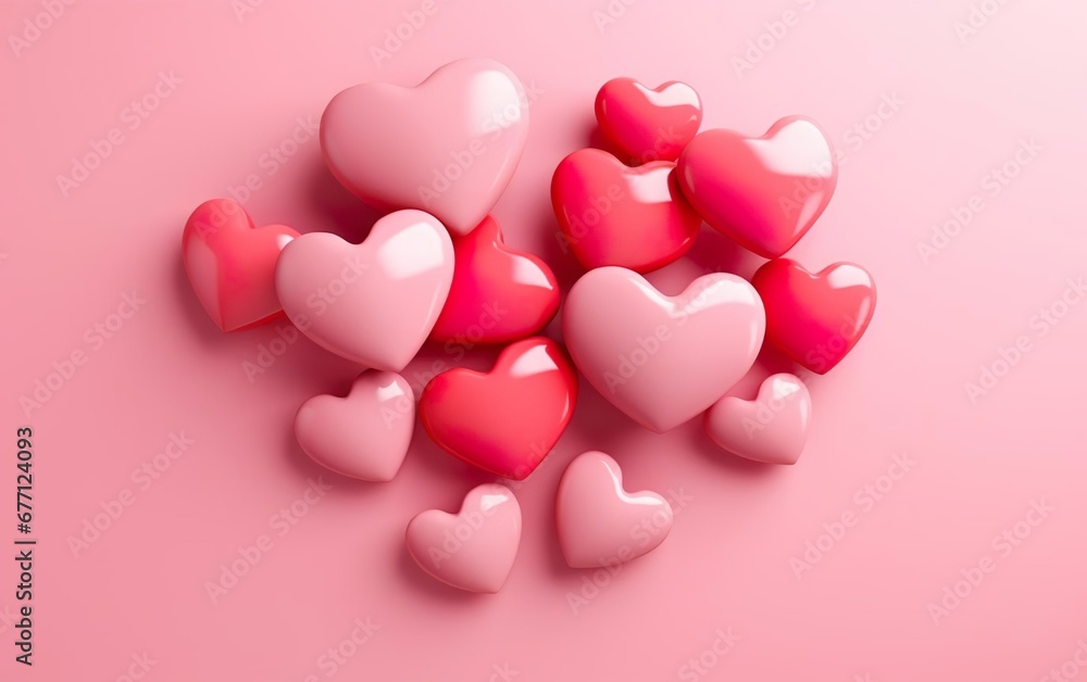 Bunch of pink bright and pastel plastic hearts isolated on warm pink background. Valentines day, engagement or wedding party poster. AI Generative