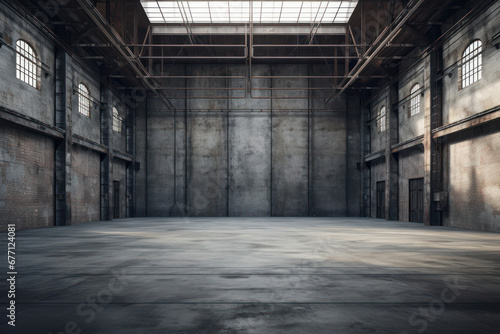 A vast  empty warehouse exhibits an aura of quiet abandonment  with sunlight filtering through the high windows to cast subtle shadows on the concrete floor.