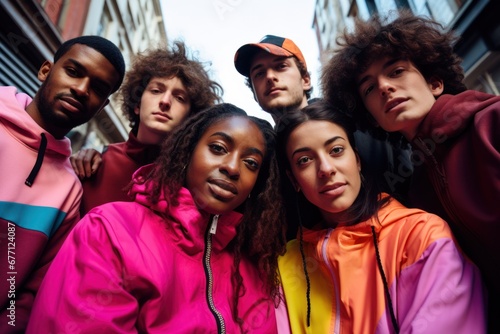 Portraits d'un groupe de jeunes adolescents, habillés en tenues cool et colorées, dans la ville photo
