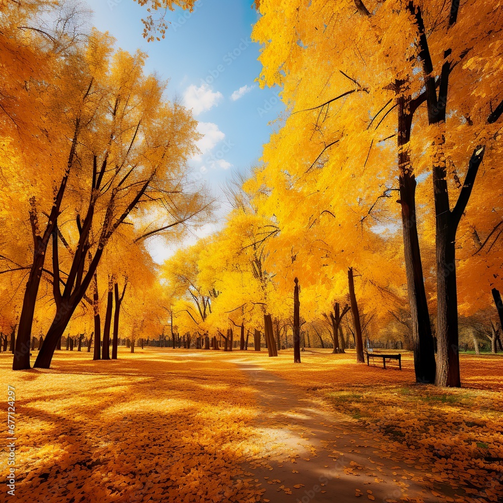 Beautiful bright colorful autumn landscape with a carpet of yellow leaves. Natural park with autumn trees on a bright sunny day. - Generative AI