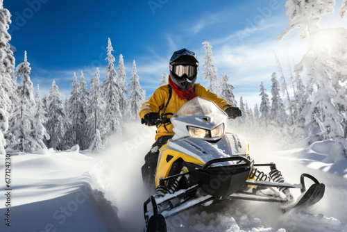 A man rides a snowmobile against the backdrop of beautiful snow-covered fir trees on a sunny day, winter active recreation on snowmobiles