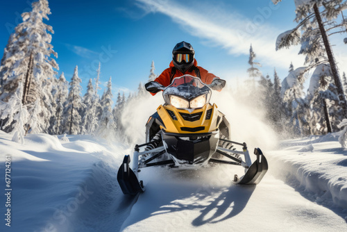 A man rides a snowmobile against the backdrop of beautiful snow-covered fir trees on a sunny day, winter active recreation on snowmobiles