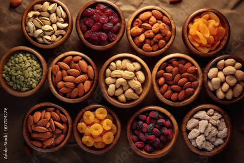 A rich tapestry of various nuts and dried fruits elegantly displayed in wooden bowls, offering a feast for the senses.
