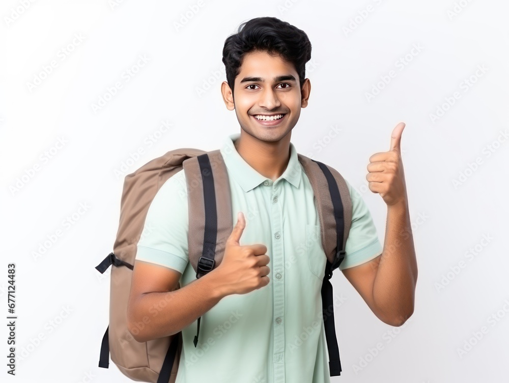 college boy showing thumbs up on white background. college boy showing thumbs up on white background.