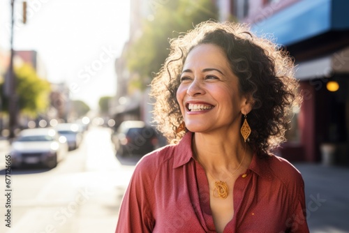 Mature caucasian woman smiling happy face on city street