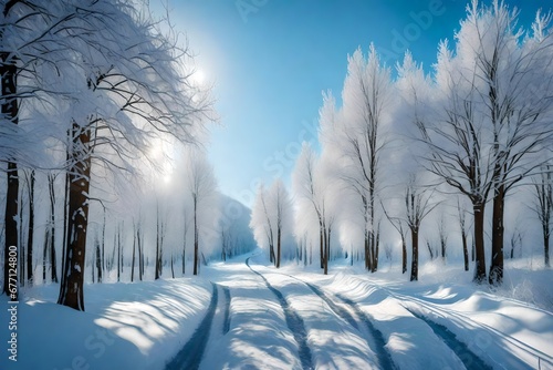 Winter landscape with fair trees under the snow. Scenery for the tourists. Christmas holidays. Trampled path in the snowdrifts. Scenic Tree Lined Winter Road © Eun Woo Ai