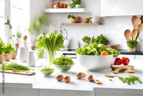 Healthy vegetarian ingredients for spring fresh green salad and kitchenware in white elegant kitchen interior. Spring vitamin dieting food.