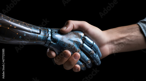 Handshake between man & robot. Human / AI collaboration concept