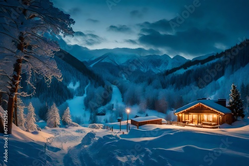Winter evening scene in mountains