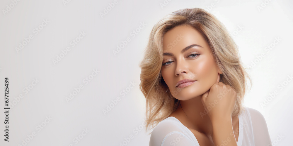 Beautiful middle age woman on pastel background with copy space Beautiful middle age woman on pastel background with copy space