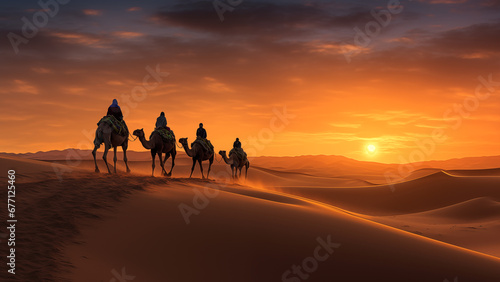 A procession of caravans crossing the endless desert sea at sunset