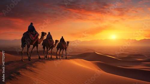 A procession of caravans crossing the endless desert sea at sunset © 대연 김