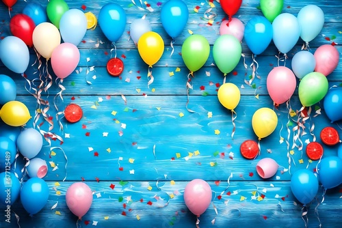 Party or birthday banner with colorful balloons on blue wooden background top view. Flat lay.