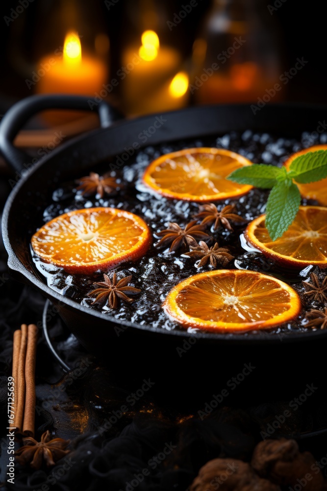 Mulled wine with spices and oranges in a cauldron