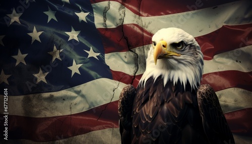 Majestic american bald eagle spreading its wings on a grunge american flag illustration