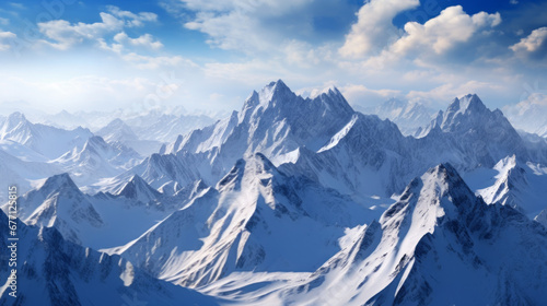 A stunning aerial shot of a mountain range with jagged peaks and snow-covered slopes