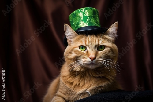 Cute cat wearing a green top hat for St. Patrick's Day.