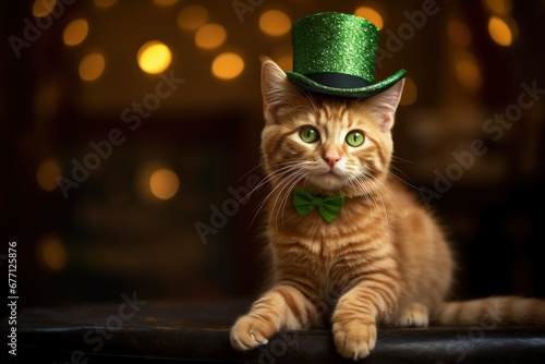 Cute  cat wearing a green top hat for St. Patrick's Day.