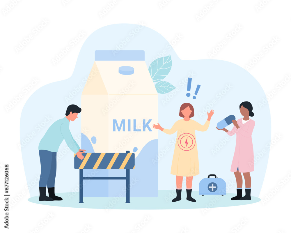 Lactose intolerance vector illustration. Cartoon tiny people holding barrier to put in front of milk bottle, doctors protect patient from inflammation and allergy symptoms of gastrointestinal tract