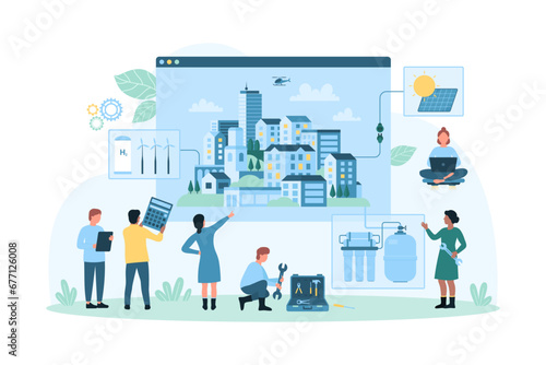 Green city infrastructure planning vector illustration. Cartoon tiny people plan eco sustainable electricity source, use wind turbines and solar panels, hydrogen energy and reverse osmosis filters