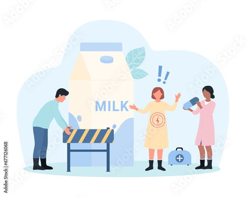 Lactose intolerance vector illustration. Cartoon tiny people holding barrier to put in front of milk bottle  doctors protect patient from inflammation and allergy symptoms of gastrointestinal tract