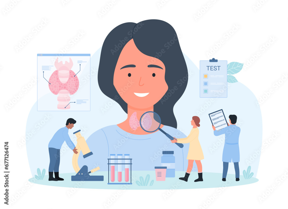 Diagnosis of thyroid disease vector illustration. Cartoon tiny doctors with magnifying glass and microscope for blood analysis test health of thyroid gland and endocrine system of female young patient Diagnosis of thyroid disease vector illustration. Cartoon tiny doctors with magnifying glass and microscope for blood analysis test health of thyroid gland and endocrine system of female young patient