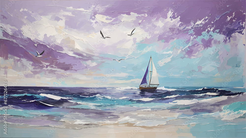 This painting depicts a sailboat in the ocean. The sailboat is a traditional wooden sailboat with a white hull and blue sails. The ocean is a deep blue color